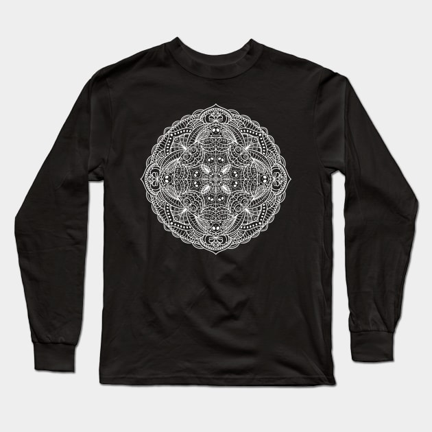 White Skull Mandala Cute and Spoopy Yoga Halloween, Day of the Dead Design Long Sleeve T-Shirt by Jazzamuffin Studio